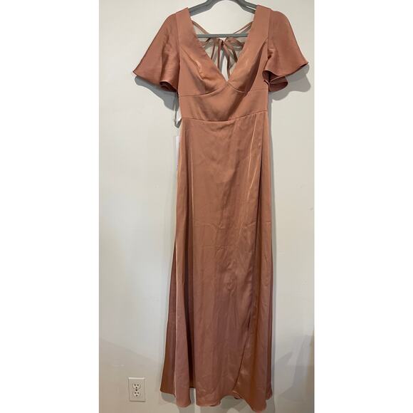 NWT Azazie Lani Stretch Satin Flounce Sleeve A-Line Dress Bronzer Womens Size A2 - Picture 2 of 8